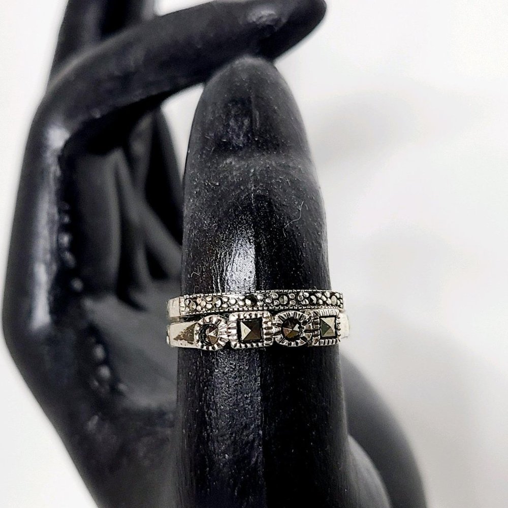 Vintage Sterling Silver .925 Set of Two Marcasite Rings Signed Size 7.75 EUC